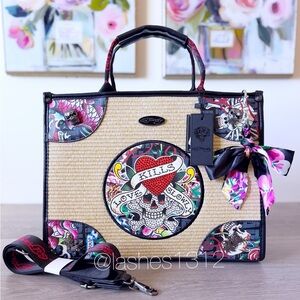 ED HARDY Bag Large Straw Tote with Tattoo Print - Black